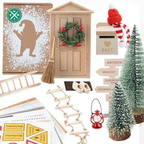 WICHTELFREUND Wichteltür Set - Zauberhafte Wichteltür Komplettset inkl. DIY- Baustelle Miniatur Wichtel Zubehör, Weihnachtsdekoration, Kinderzimmer Dekoration für Weihnachten, DIY Geschenk für Kinder