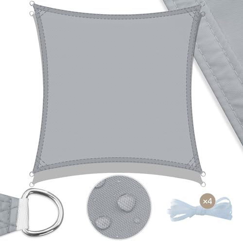 UMI Sonnensegel Wasserdicht 3x3m Rechteckig Sonnenschutz Wetterschutz PES Polyester Segel Baldachin 95% UV Schutz mit Seilen für Garten Balkon Terrasse- Hellgrau