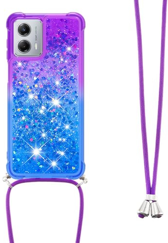 Fiokxie Coque Glitter Liquide pour Motorola Moto G 5G (2023) avec Cordon Collier Réglable, Brillante Paillette Quicksands Case Housse, Silicone Antichoc Lanyard Protection Bumper pour Smartphone