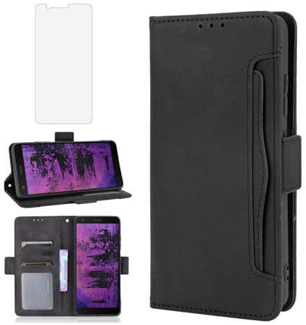 Asuwish Handyhülle für Cat S62/S62 Pro Hülle mit Glas Folie Schutzfolie Kartenfach Klappbar Leder Geldbörse Ständer Handyhüllen Panzerfolie S 62 62S Handy Hüllen Schutzhülle Cover Phone Case Schwarz
