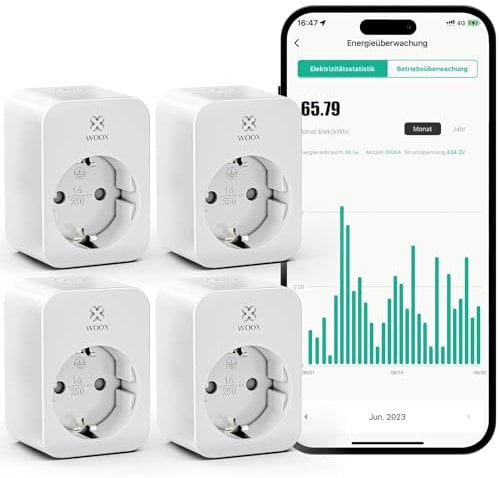 WOOX Smart WLAN Steckdose Alexa 4er pack mit Strommessung 16A, TÜV zertifiziert, Sprachsteuerung, Zeitschaltuhr & Timer, funktioniert mit Tuya APP, Alexa, Google Home, Nur 2.4GHz WIFI