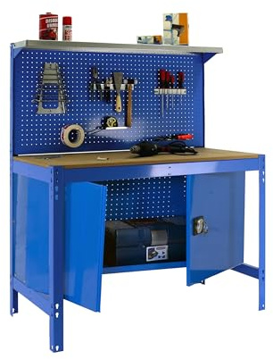 SimonRack Werkbank Workshop, Tragfähigkeit 400 kg, 1445 x 910 x 610 mm, Arbeitstisch, Werkzeugaufbewahrung, Blau/Holz - BT3