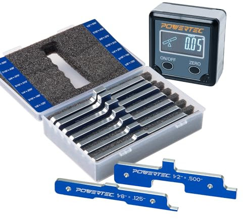 POWERTEC 72037 Oberfrästisch-Setup-Stangen, 3 Messgeräte in einem Aluminium-Setup-Blöcke, Höhenmesser-Set mit Tischsägen-Winkellehre, digitaler Winkelmesser für Holzbearbeitung, Tischsäge,