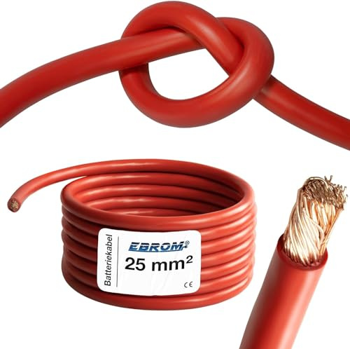 EBROM HI-FLEX 2 Meter hochflexibles Batteriekabel Pluskabel ROT 25 mm² | Batterie Kabel 25 mm2 - PLUSKABEL - extrem leicht verlegbar - für PV, Boot, Solar, Industrie, LKW, KFZ, Caravan