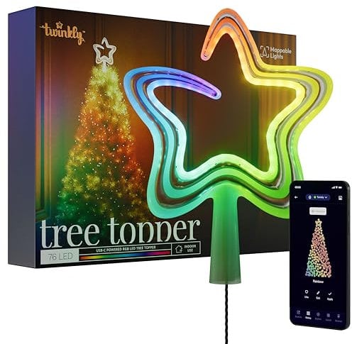 Twinkly Baumspitze, Helle Christbaumspitze, Stern mit 76 Kartierbaren RGB-LEDs, USB Typ C, Smarte Mehrfarbige LED-Lichter, Kompatibel mit Alexa und Google Home, App-Steuerung
