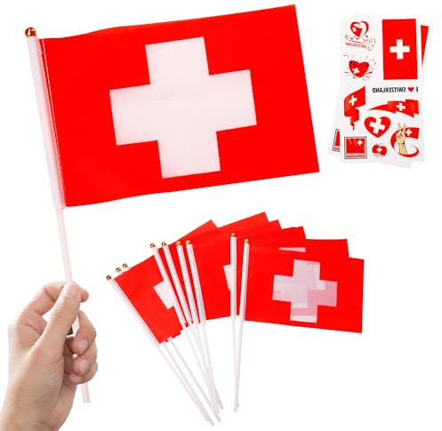 10pcs Small Switzerland Flags on Sticks & 2pcs Tattoos, Switzerland Oly 2024 Decorations Mini Swiss Flags Hand Held Flags for Oly Games 2024 Sports Events National Day Party Decorations