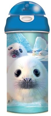 3D LiveLife Drinking Bottle - Seal Pups from Deluxebase. 3D Lenticular Seal Water Bottle with Straw. 600ml kids drinks bottle with original artwork from renowned artist, Collin Bogle