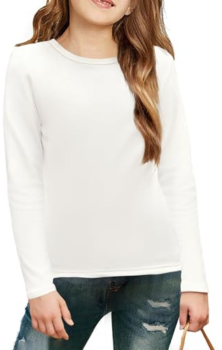 Arshiner Maglietta a Maniche Lunghe da Bambina Girocollo Interno in Pile Top Tinta Unita Pullover Basic Felpa Termica Casual per Bambini Abbigliamento per Bambini 5-12 Anni | Equipaggio versatile, top slim fit, maglietta autunnale invernale, maglione casual elasticizzato per bambini