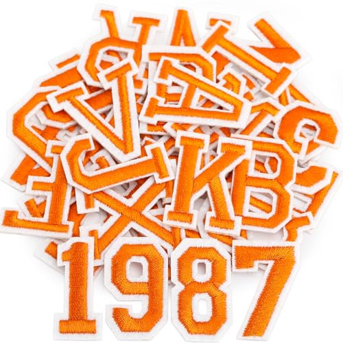 Iron on Letters and Numbers Patches for Clothes DIY Embroidered Patch A-Z, Numbers 0-9 Applique for Clothes Hats Backpacks Jackets Pants DIY Accessories (36pcs-Orange, 36pcs-Letter and Number)