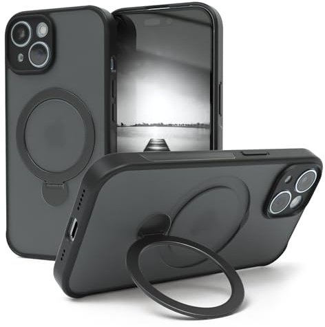 EAZY CASE - MagSafe Handyhülle für iPhone 15 kompatibel mit MagSafe Hülle mit Ständer kompatibel mit iPhone 15 Hülle mit 360° Ring & Magnetfunktion zum Aufstellen stoßfest Cover in Schwarz