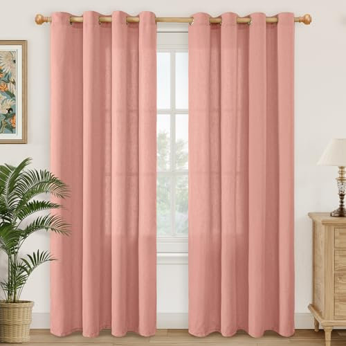 YoungsTex Dusty Rose Pink Linen Curtains for Living Room 84 Inch Length 2 Panels, Blush Peach Semi Sheer Drapes with Grommet Light Filtering Window Treatments for Bedroom, 52 X 84 Inch
