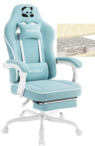 WOLTU Gaming Stuhl mit Taschenfederkissen, Gaming Sessel 150 kg Belastbarkeit, ergonomischer Drehstuhl, Gamer Stuhl mit Kopfkissen, Lendenkissen, Fußstütze, Netzstoff, Hellblau, GS16hbl