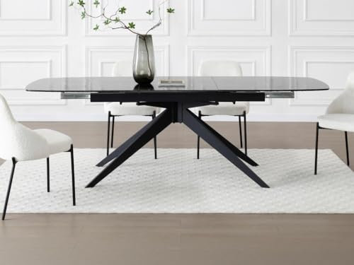 Vente-unique-Esstisch ausziehbar - 6 bis 10 Personen - Ornamentsicherheitsglas & Metall - Schwarz - LEGRIO von Maison Céphy
