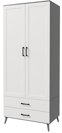 URBNLIVING 180cm White Ash Grey Black Freestanding Wardrobe 2 Door 2 Drawer Shelf Modern Clothes Storage Cupboards Unit for Bedroom Hanging Rail with Wooden Legs