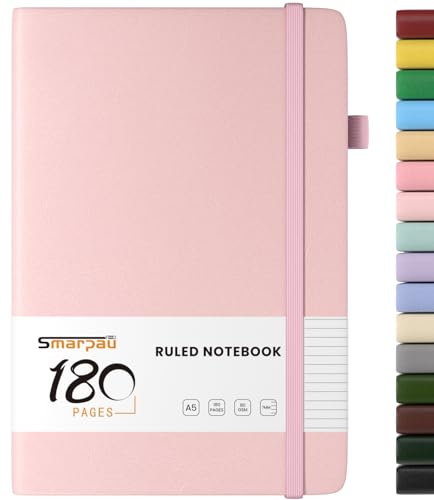 Smarpau A5 Journal Notebook, 180 Pages Hardback Lined Notebook, Thick Leather Journal for Women, No Bleed for Writing, Notepad for Office School Travel (Light Pink)