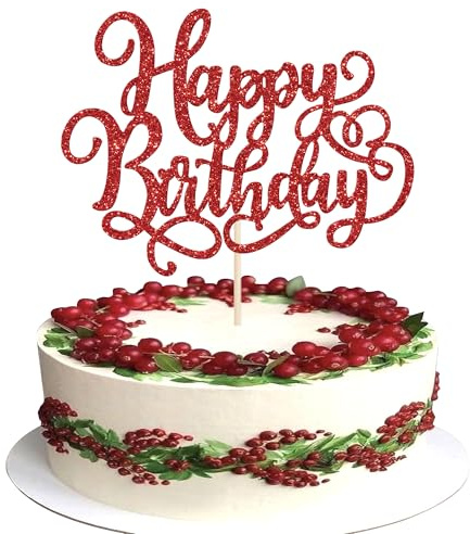 1 Stück Happy Birthday Cake Topper Geburtstag Deko Glitzer zum Tortendeko für Jahrestag Thema Party Dekorationen Rot