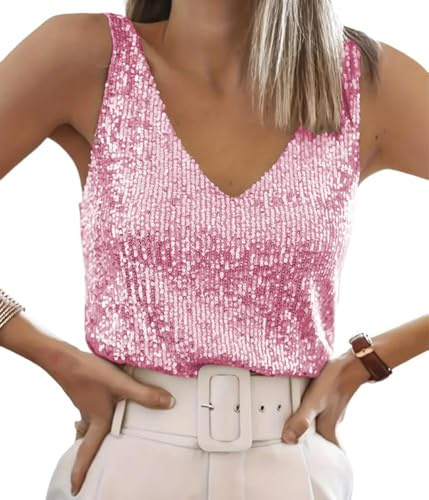 ORANDESIGNE Tanktops Pailletten Damen V-Ausschnitt Ärmelloses Top mit Schimmernden Pailletten Glitzer Oberteile Abend Glitzertop Frauen Party Disco Outfit Damen