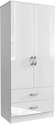 Nera High Gloss 2 Door Wardrobe with Drawers and Hanging Rail Slim Wardrobes for Small Bedrooms Storage (White Gloss (Matt White))