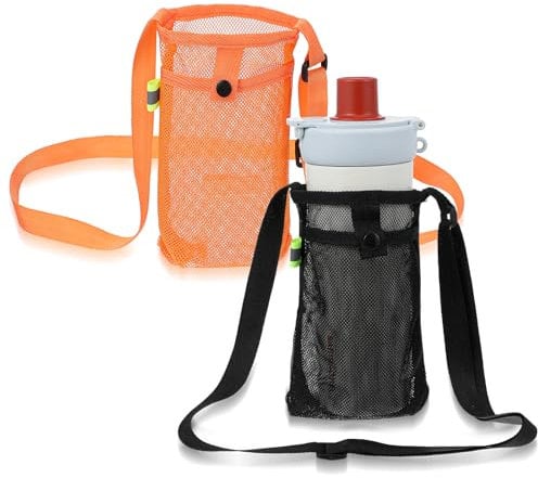 2 PCS Water Bottle Carrier Bag over Shoulder Bottle Holder Mesh Tumbler Carrier with Strap Sling Adjustable Shoulder Straps Mesh Bag for Walking Hiking Travelling (Orange Black)
