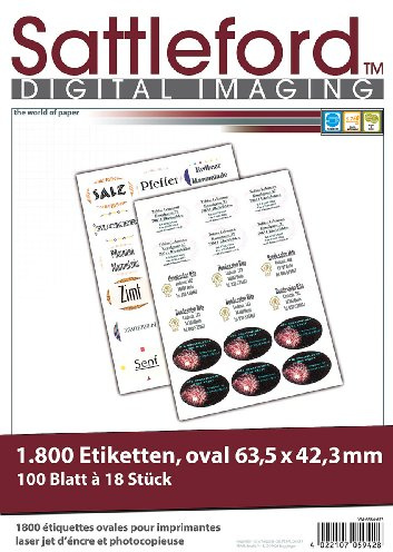 Sattleford Kopierer Etiketten: 3600 Etiketten oval 63,5x42,3 mm für Laser/Inkjet (Einmachetiketten, Druckerpapier selbstklebend)