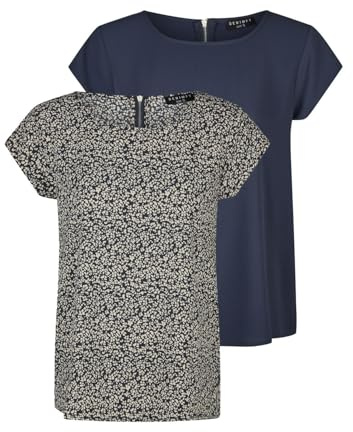 DENIMFY Tshirt Damen Set DFAda Regular Fit 2er Pack Rundhals Kurzarm Top | Sommer Reißverschluss Basic Muster Einfarbig Schwarz Rose Grün Navy S M L XL XXL