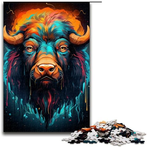 Puzzle für Erwachsene mit 1000 Teilen Bisons farbenfrohes psychedelisches Familien Spaß Puzzle mit passendem Poster und Quizblatt 75 x 50 cm