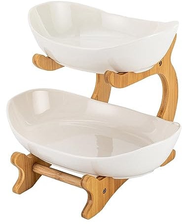 GANYUNG 2 Tier Ceramic Fruit Bowl, Bamboo Fruit Serving Tray, Fruit Basket Stand for Kitchen Counter, Serving Plate for Bread Vegetable Snacks Candy Storage (White)