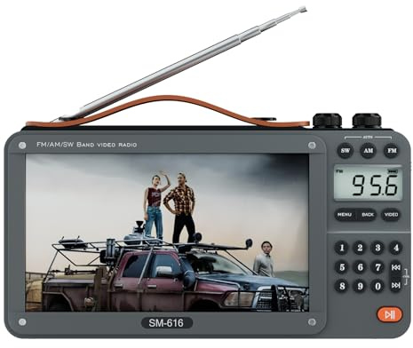 720P - Radio de video de película FM AM de 7 pulgadas con altavoz Bluetooth, radio recargable digital de onda corta MP3 MP4, compatible con tarjeta USB/Micro SD, altavoz y conector para auriculares