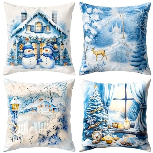 PQETBV Weihnachten Kissenbezüge 45x45 4er Set Weihnachten Kissenbezüge Leinen Deko Kissenhüllen für Winter Zierkissenbezug Couch Wohnzimmer Deko(Blau)