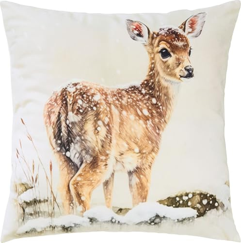 REDBEST Kissenhülle Rehkitz Nicky-Velours weiß-braun Größe 40x40 cm - samtig weich, Vorderseite Bedruckt, Rückseite Uni weiß, Dekokissenbezug
