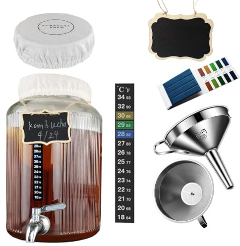 Lomejii Kombucha Brauset mit 5,5L Glasfermenter & Hahn – Komplett-Set mit Edelstahl-Trichter, Tuch, Temperatur-Aufkleber, Deko-Schild & pH-Teststreifen – Für Heimbrauer von Gesundem Fermentiertem Tee