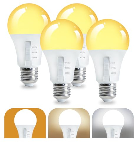 Lamptobe 9W LED Glühbirne E27 LED Lampen,9W Äquivalent 60W,2700K/4000K/6000K Wählbare Farbtemperatur E27 Glühbirne, 800LM,Nicht Dimmbar,4 Stück A60 Birne für Heimdekor,Treppen Flur Garage