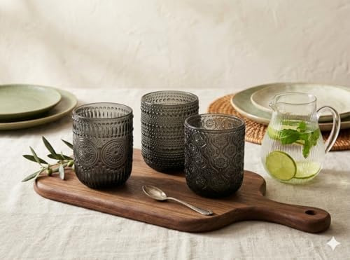 Bicchieri, set 6 pezzi, Design Elegante con Motivo in Rilievo, Stile Moderno, per Acqua e Bevande. Possibilità di scelta tra 3 colori: grigio fume', blu e verde
