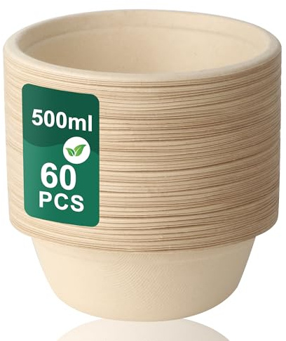 LIAILA 60 ciotole di carta usa e getta (500 ml) in canna da zucchero, ciotole per zuppa usa e getta, biodegradabili e compostabili, ideali per feste e picnic, stoviglie usa e getta (marrone) 50