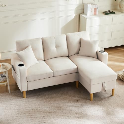 Luscriate L-förmiges Ecksofa mit Stauraum & Getränkehalter, 3-Sitzer Sofa mit Chaiselongue, modernes Wohnzimmersofa für Wohnung & Büro, inkl. Kissen (Beige, 3-Sitzer)