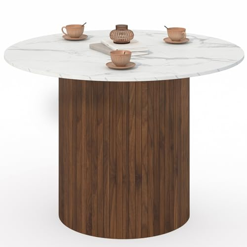 IDMarket - Runder Esstisch Juliette 6 Personen Zentralfuß mit Latteneffekt Nussbaum und Tischplatte mit weißem Marmoreffekt Alaska 110 cm
