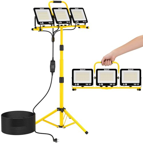 Justech Faretti da Lavoro LED con Treppiede Telescopico, 100W 27000LM Luci da Lavoro con Spina per Officina, Cantiere Edile, Garage, Giardino, Impermeabile IP66, 3000K/5000K/6000K