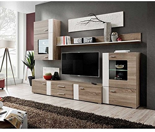 AC-Déco Aleppo Wand-Set 1 TV-Schrank 1 Schrank 1 Vitrine 2 Einlegeböden Eiche LED