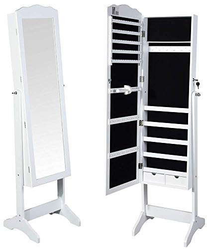 BAKAJI Specchiera Portagioie Armadietto Portagioielli Specchio con Anta Porta Oggetti e Cassetti colore Bianco, Armadio Organizer Porta Gioielli (Michela)