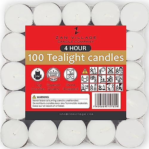 Tea Lights Candles Long Burning - 4 Hour Tealights 100 Pack, Unscented White Candles, Zan Village Homeware