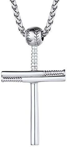PROSTEEL Kreuz Kette Herren Edelstahl Anhänger mit Baseball & Baseballschläger 55+5cm verstellbar Singapurkette religiöser Modeschmuck für Männer Jungen für Geburtstag