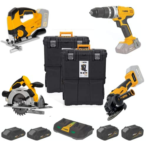 VITO Akku-Werkzeug-Set 20V - 11 Teile - Bundle mit Stichsäge, Schrauber, Winkelschleifer, Kreissäge, Werkzeugkoffer, inkl. Akkus und Ladegerät - Tools Combo Kit - Werkzeug Bundle - PowerPackV7