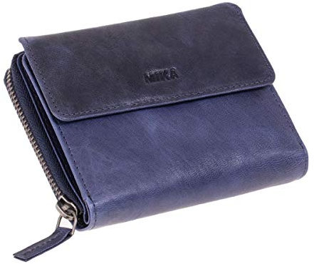 MIKA 42169 - Damengeldbörse aus Echt Leder, Portemonnaie im Hochformat, Geldbeutel mit 9 Kartenfächer, 5 Einsteckfächer, Scheinfach und 2 Münzfächer, Brieftasche in blau, ca. 13 x 10 x 2,5 cm