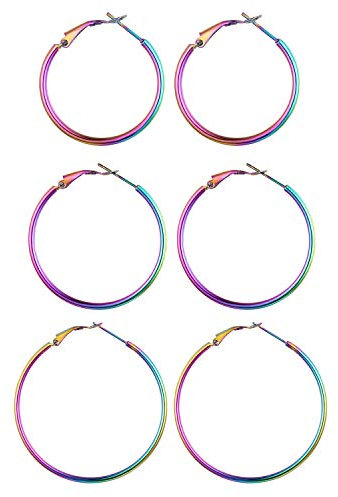 JewelryWe Schmuck 3 Paare Creolen Damen Edelstahl Hochglanz Poliert Große Ring Ohrringe Ohrhänger Ohrstecker Ohr-Piercings für Frauen Mädchen Bunt Mehrfarbig - Durchmesser: 30 40 45 mm