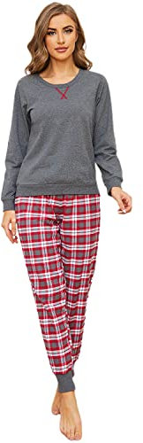 Mnemo Pyjama Femme Ensemble Pyjama a Carreaux Pyjama Coton Femme Carreaux Pyjama Femme Coton Manches Longues, Gris/Rouge, S