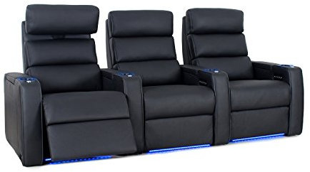 Octane Seating Dream HR Heimkino-Bestuhlung - Schwarzes Narbenleder - Elektrische Rückenlehne - Beleuchtete Getränkehalter - 3er-Reihe