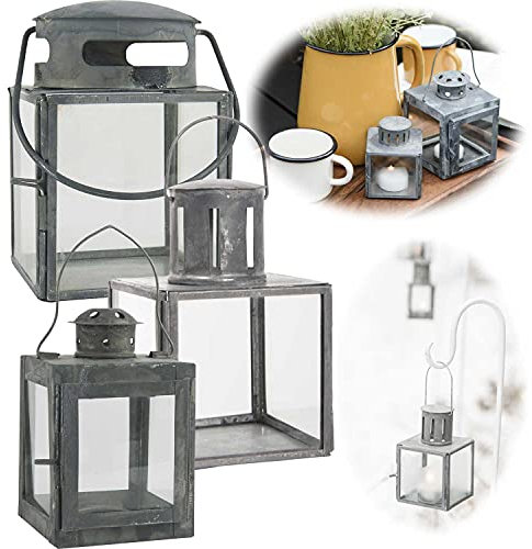 LS-LebenStil Mini Metall Teelicht Grau 11cm Windlicht Garten-Laterne Kerzenhalter Henkel Teelichthalter für Teelicht kleine Stumpenkerze Gartenlaterne zum Hängen Deko