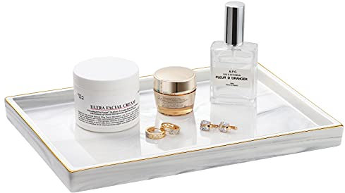 Shinowa Bandeja Decorativa, Bandeja de Cerámica, Organizador Rectangular con Bordes Dorados para Baño, Hogar, Salón y Dormitorio, para Almancenar Velas, Jabón, Toalla, Joyería, Talla L, Gris