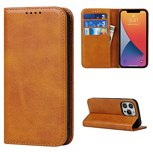 Copmob iPhone 13 Pro Max Case, Flip Wallet Leather Case [3 Slots] [Stand Function] [Magnetic Closure] Flip Cover Case for iPhone 13 Pro Max – Light Brown