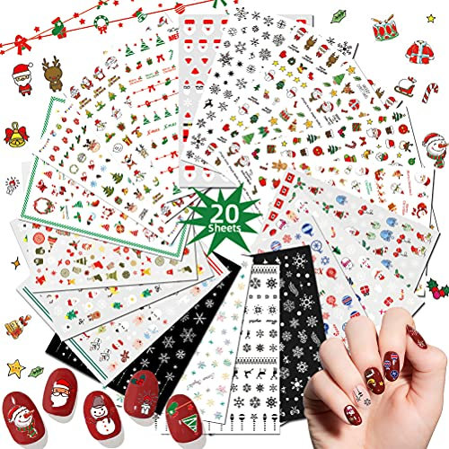 Nagelsticker Weihnachten, 20 Blatt 3D Nagelaufkleber Selbstklebend Nail Sticker Weihnachten mit Weihnachtsmann Schneeflocke usw, 2000+ Nagel Aufkleber Sticker für Kinder Mädchen Frau DIY Nageldesign